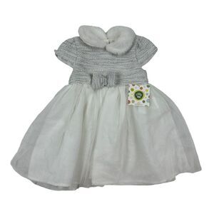 NWT Little Me White Silver Knit Dress Tulle Skirt Fur Collar Size 18 Months $46